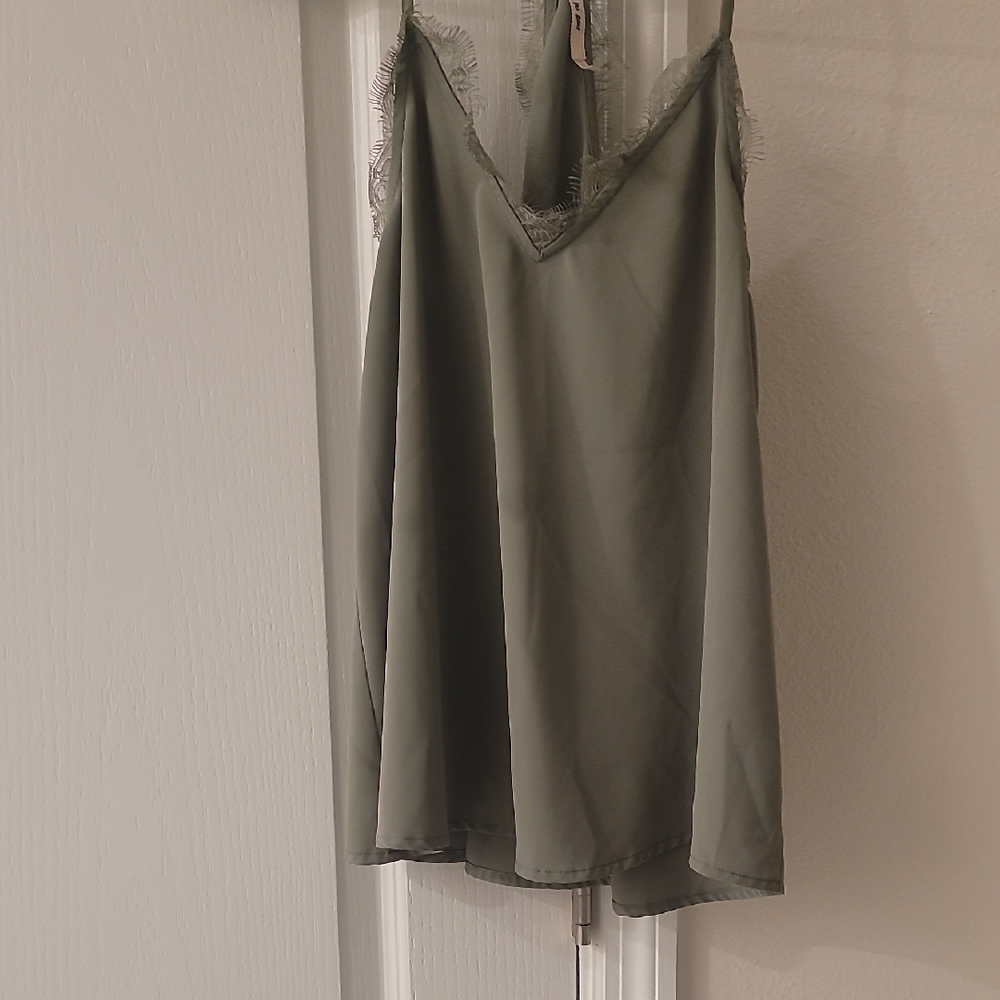 Elegant Olive Green Lace Trim Chemise